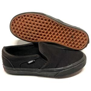 Vans Slip On Shoes Womens Sz 6.5 508731 Black Heel Wear Gum Colored Bottoms